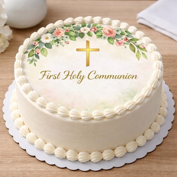 SugarMeLicious First Holy Communion Edible Cake Topper, Religious Celebration Cake Decoration, Floral Cross Design, 8 Inch Round Frosting Sheet