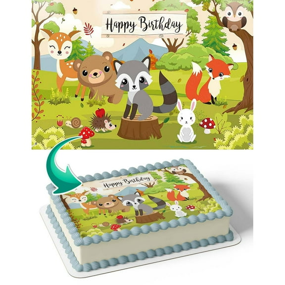 SugarMeLicious Forest Animals Edible Cake Topper Personalized 1/4 Sheet Birthday Cake Banner Featuring Fox Bear Rabbit and Deer for Woodland Themed Parties and Celebrations