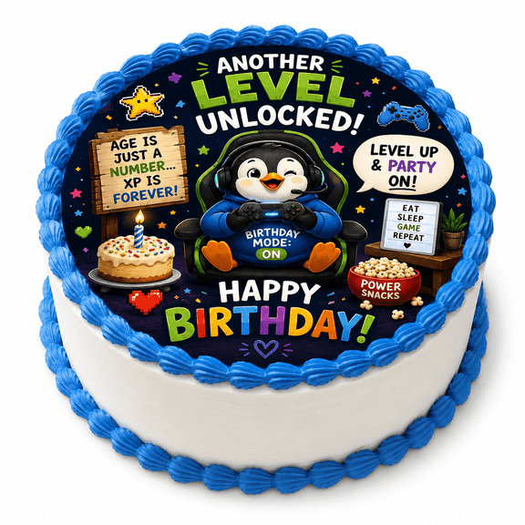 SugarMeLicious Gamer Birthday Edible Cake Topper, Video Game Cake Decoration, Level Up Dessert Topper, 8 Inch Round Frosting Sheet