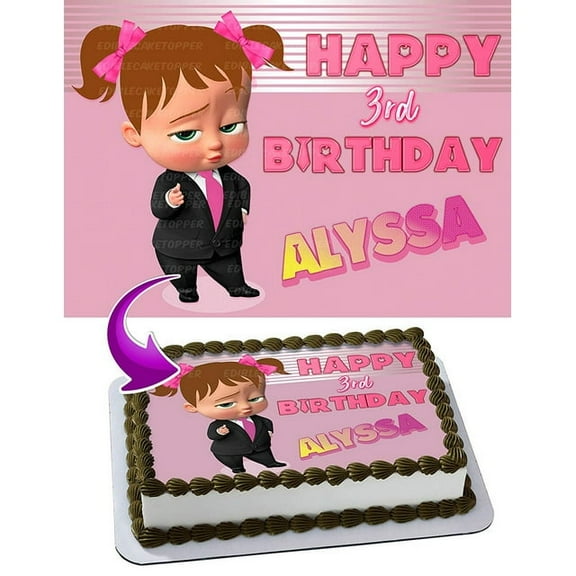 SugarMeLicious Girl Boss Baby Cake Image Topper Personalized 1/4 Sheet Edible Birthday Cake Banner for Girl Birthday Parties and Baby Boss Theme Celebrations