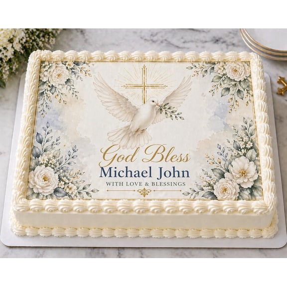 SugarMeLicious God Bless Dove Edible Cake Topper, Personalized Religious Cake Decoration, Custom Baptism Christening Dessert Decor, 1/4 Sheet Frosting Sheet