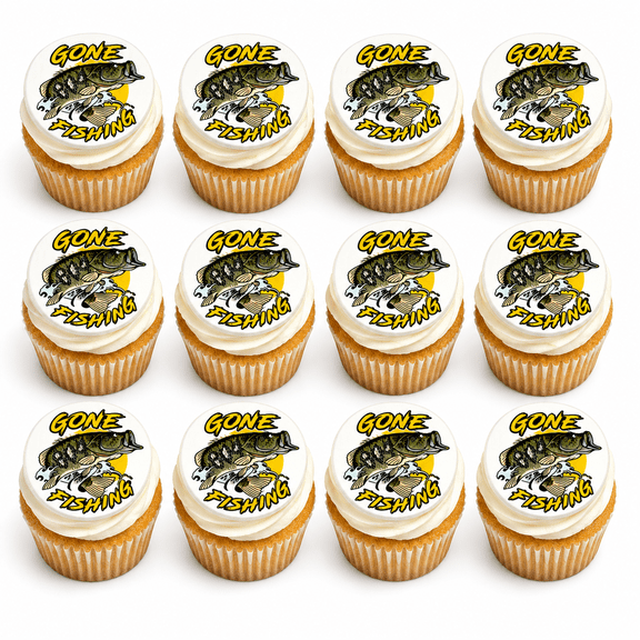 SugarMeLicious Gone Fishing Edible Cupcake Toppers, Fishing Dessert Decorations, Bass Party Treat Toppers, 12 Pack 2.5 Inch Frosting Circles