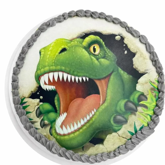 SugarMeLicious Green T Rex Head 8 Inch Cake Image Topper, Dinosaur Birthday Cake Decoration, Edible Round Cake Topper for Jurassic Theme Kids Parties