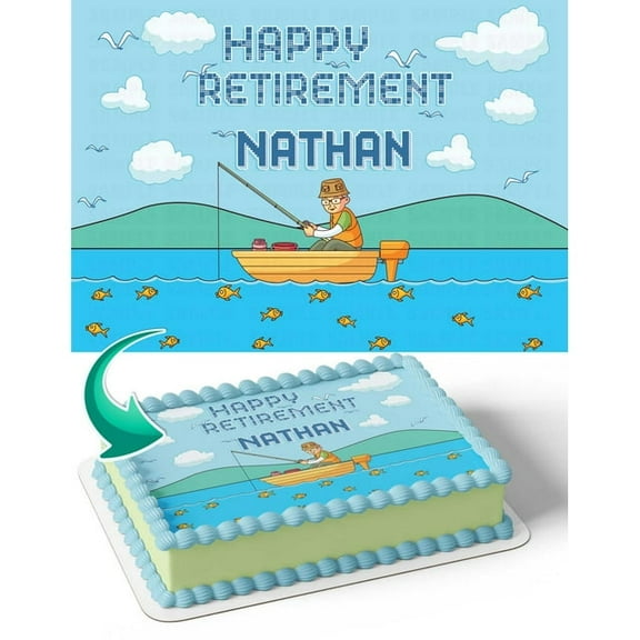 SugarMeLicious Happy Retirement Fishing Cake Image Topper, Personalized 1/4 Sheet Edible Cake Banner for Retirement Parties, Fisherman Theme Cake Decoration
