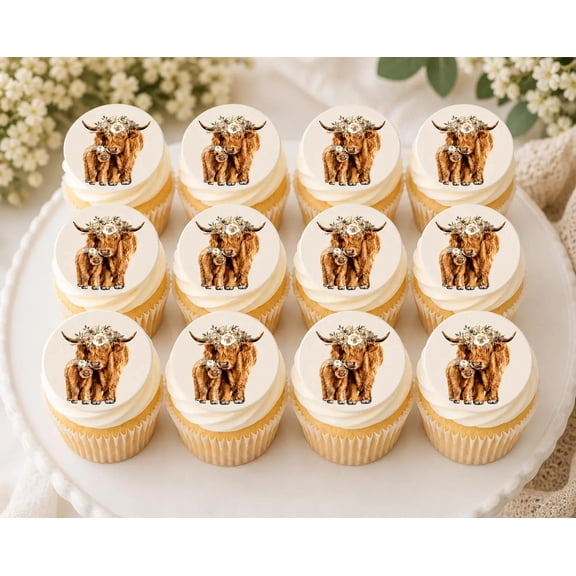 SugarMeLicious Highland Cow Edible Cupcake Toppers, Boho Farm Birthday Dessert Decorations, Rustic Baby Shower Party Toppers, 12 Pack 2.5 Inch Frosting Circles