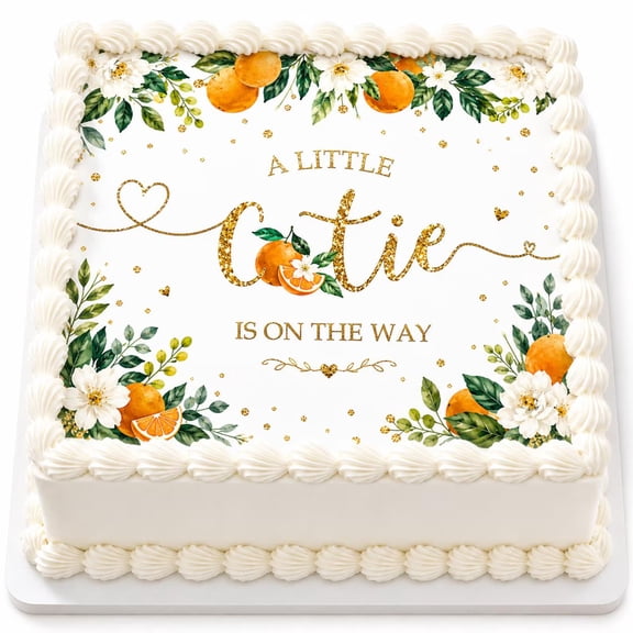 SugarMeLicious Little Cutie Baby Shower Cake Topper, Citrus Orange Floral Edible Cake Decoration, Baby Celebration Dessert Decor, 1/4 Sheet Frosting Sheet