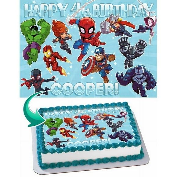 SugarMeLicious Marvel Super Hero Adventures Cake Image Topper, Personalized 1/4 Sheet Birthday Cake Banner for Parties, Edible Cake Image Topper