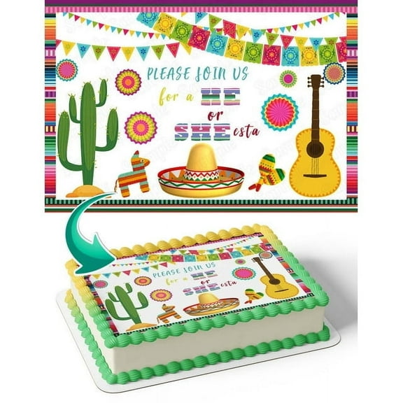 SugarMeLicious Mexican Themed Gender Reveal Edible Cake Topper Personalized 1/4 Sheet Cake Banner for Fiesta Baby Showers and Colorful Reveal Parties