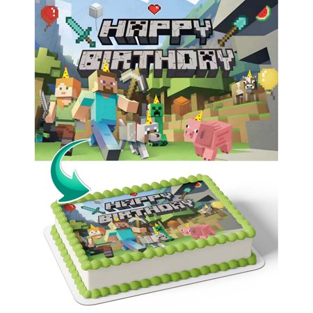 SugarMeLicious Minecraft Pixel Edible Cake Image Topper, Personalized 1/4 Sheet Birthday Cake Banner for Parties