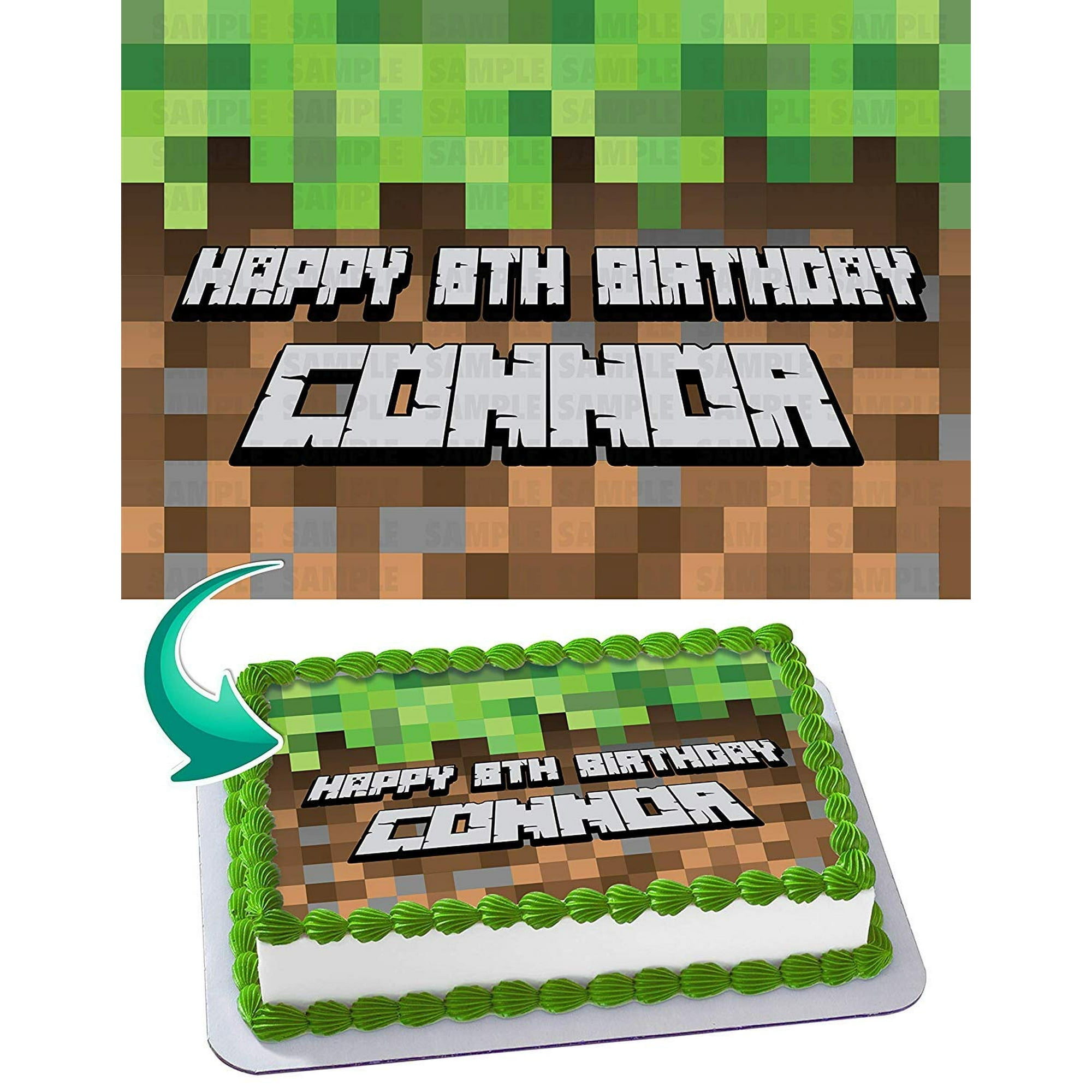 SugarMeLicious Minecraft Pixel Style Edible Cake Image Topper, Personalized 1/4 Sheet Birthday Cake Banner for Parties