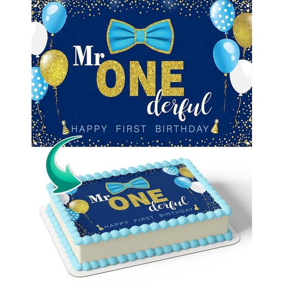 SugarMeLicious Mr One Derful Baby Boy Cake Image Topper, Personalized 1/4 Sheet Birthday Cake Banner for Parties Edible Cake Image Topper