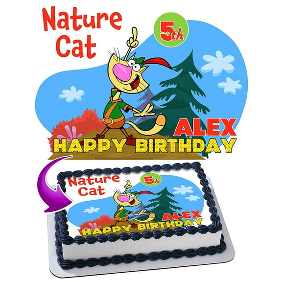 SugarMeLicious Nature Cat Cake Image Topper, Personalized 1/4 Sheet Birthday Cake Banner for Parties, Edible Cake Decoration