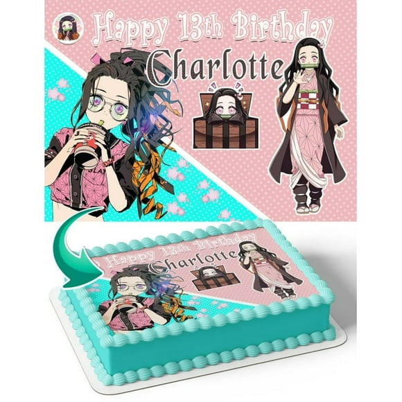SugarMeLicious Nezuko Demon Slayer Cake Image Topper, Personalized 1/4 Sheet Birthday Cake Banner for Parties, Edible Cake Image Topper