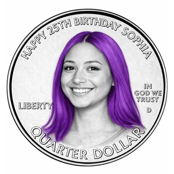 SugarMeLicious Personalized 25th Birthday Quarter Cake Topper, Quarter Coin Theme Edible Image Cake Decoration, Custom Name And Picture Design, 8 Inch Round Frosting Sheet