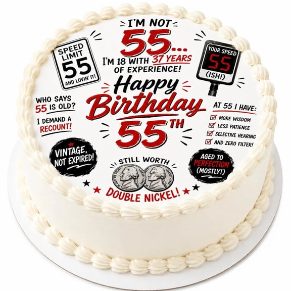 SugarMeLicious Personalized 55th Birthday Cake Topper, Funny Double Nickel Birthday Decoration, Custom 8 Inch Round Frosting Sheet
