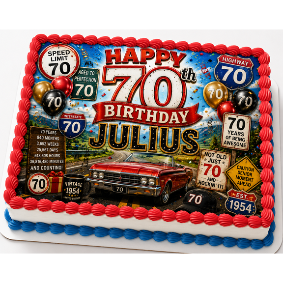 SugarMeLicious Personalized 70th Birthday Cake Topper, Milestone Birthday Cake Decoration, Vintage Car Dessert Topper, 1/4 Sheet Frosting Sheet