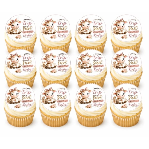 SugarMeLicious Personalized Boho Cow Edible Cupcake Toppers, Cow Themed Western Birthday Decorations, 12 Pack 2.5 Inch Frosting Circles