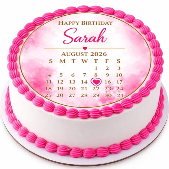 SugarMeLicious Personalized Calendar Edible Cake Topper,  8 Inch Round Birthday Cake Decoration With Heart Date,  Custom Name And Special Date Frosting Sheet