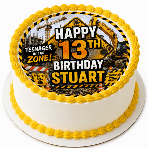 SugarMeLicious Personalized Construction Zone Birthday Cake Topper, Heavy Equipment Cake Decoration, Teen Celebration Dessert Topper, Custom 8 Inch Round Frosting Sheet