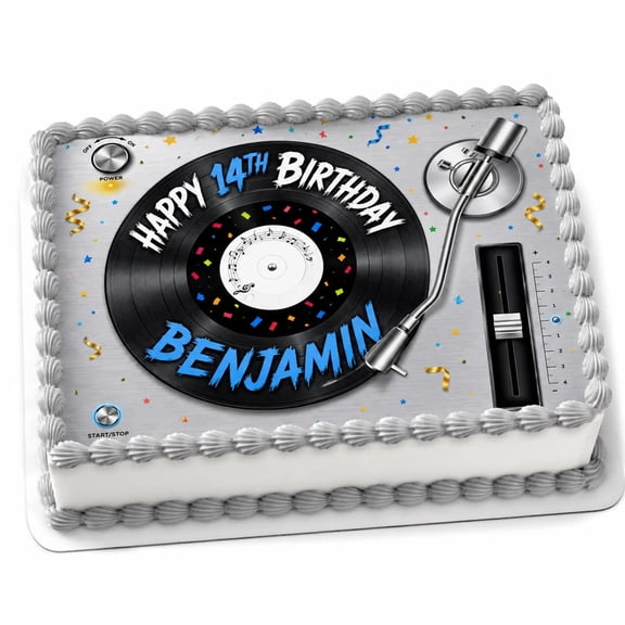 SugarMeLicious Personalized DJ Turntable Birthday Cake Topper, Custom Music Party Edible Image Decoration, Record Player Theme, 1/4 Sheet Frosting Sheet