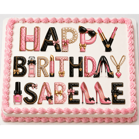 SugarMeLicious Personalized Fashion Birthday Cake Topper, Pink Glam Cake Decoration, Makeup Party Dessert Topper, 1/4 Sheet Frosting Sheet