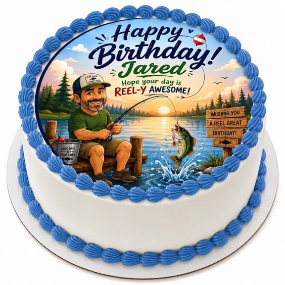 SugarMeLicious Personalized Fishing Birthday Cake Topper, Fisherman Lakeside Cake Decoration, Custom 8 Inch Round Frosting Sheet