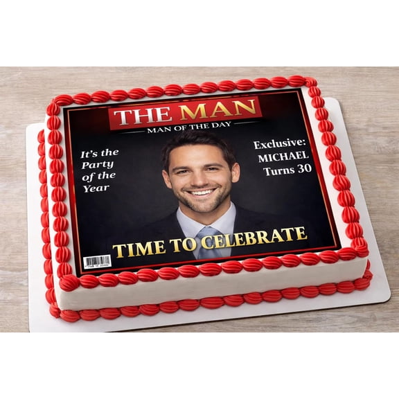 SugarMeLicious Personalized Men's Magazine Cover Edible Cake Topper, Custom Photo Birthday Decoration, Magazine Style Party Cake Design, 1/4 Sheet Frosting Sheet