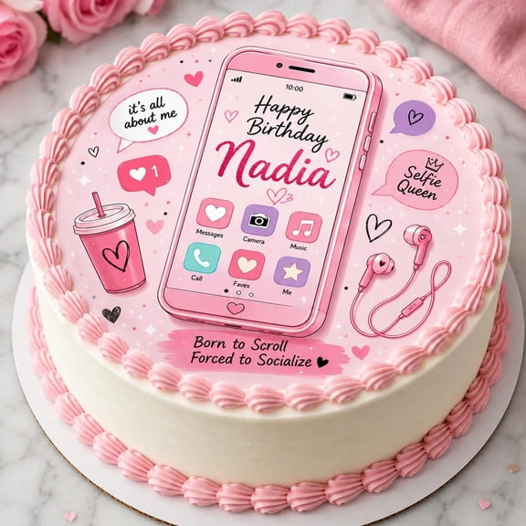 SugarMeLicious Personalized Phone Lover Birthday Cake Topper, Pink App Theme Edible Decoration, Custom 8 Inch Round Frosting Sheet
