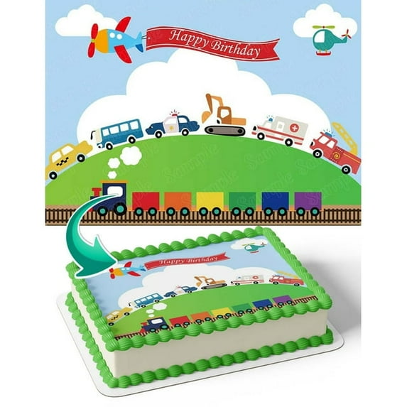 SugarMeLicious Plane Train Police Edible Cake Topper Image for 1/4 Sheet Cake: Personalized Birthday Banner for Kids Parties and Transportation Themed Celebrations