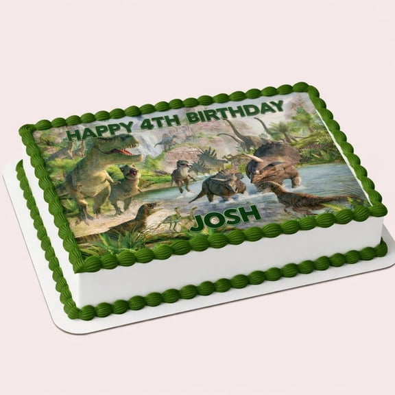 SugarMeLicious Prehistoric Jungle Dinosaur Theme Cake Image Topper, Dinosaur Birthday Cake Decoration, Personalized 1/4 Sheet Edible Cake Banner for Jungle and Dino Birthday Parties