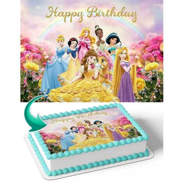 SugarMeLicious Snow White Cinderella Aurora Jasmine Tiana Rapunzel Cake Image Topper, Personalized 1/4 Sheet Birthday Cake Banner for Parties, Edible Princess Cake Decoration