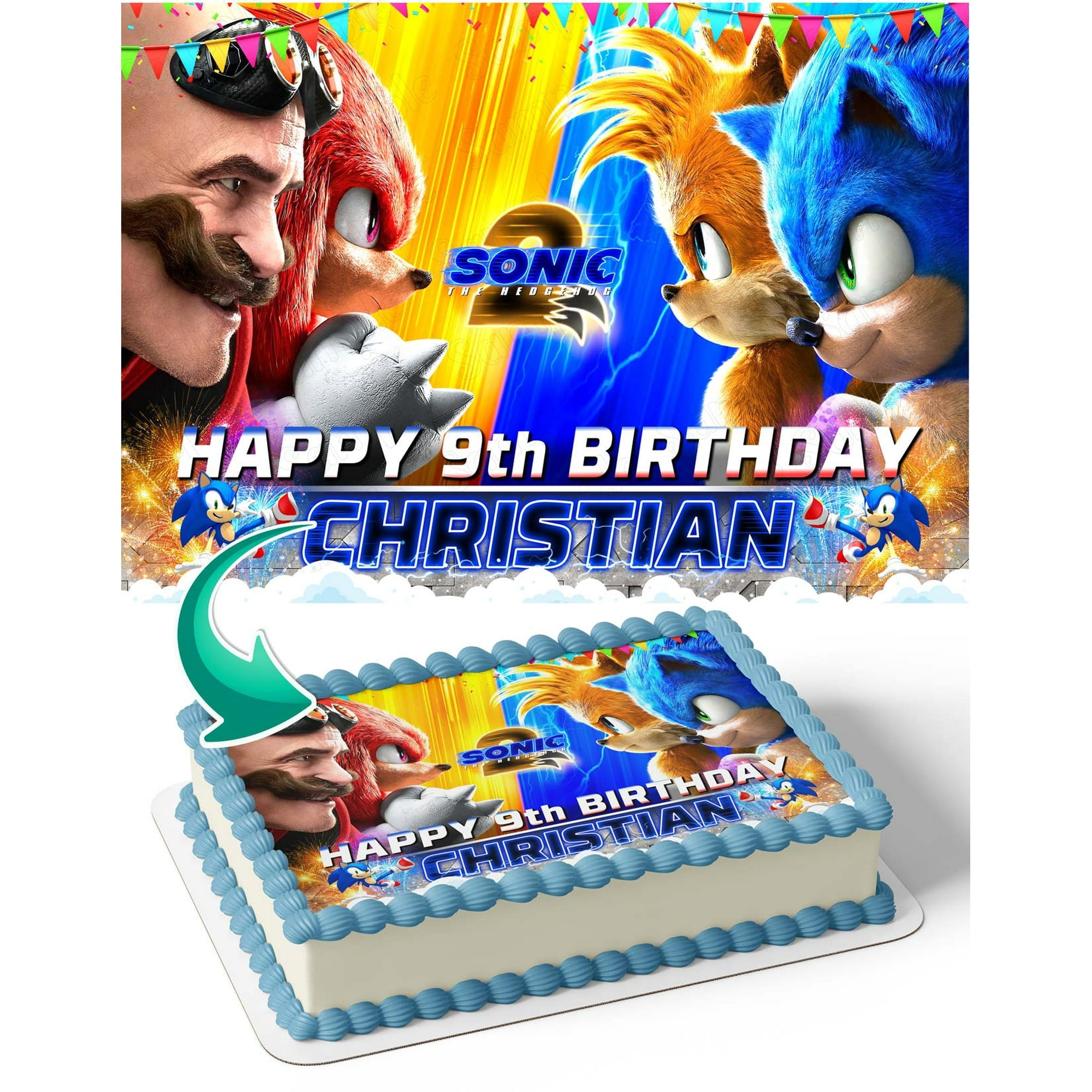 SugarMeLicious Sonic the Hedgehog Movie MV Edible Cake Image Topper, Personalized 1/4 Sheet Birthday Cake Banner for Parties