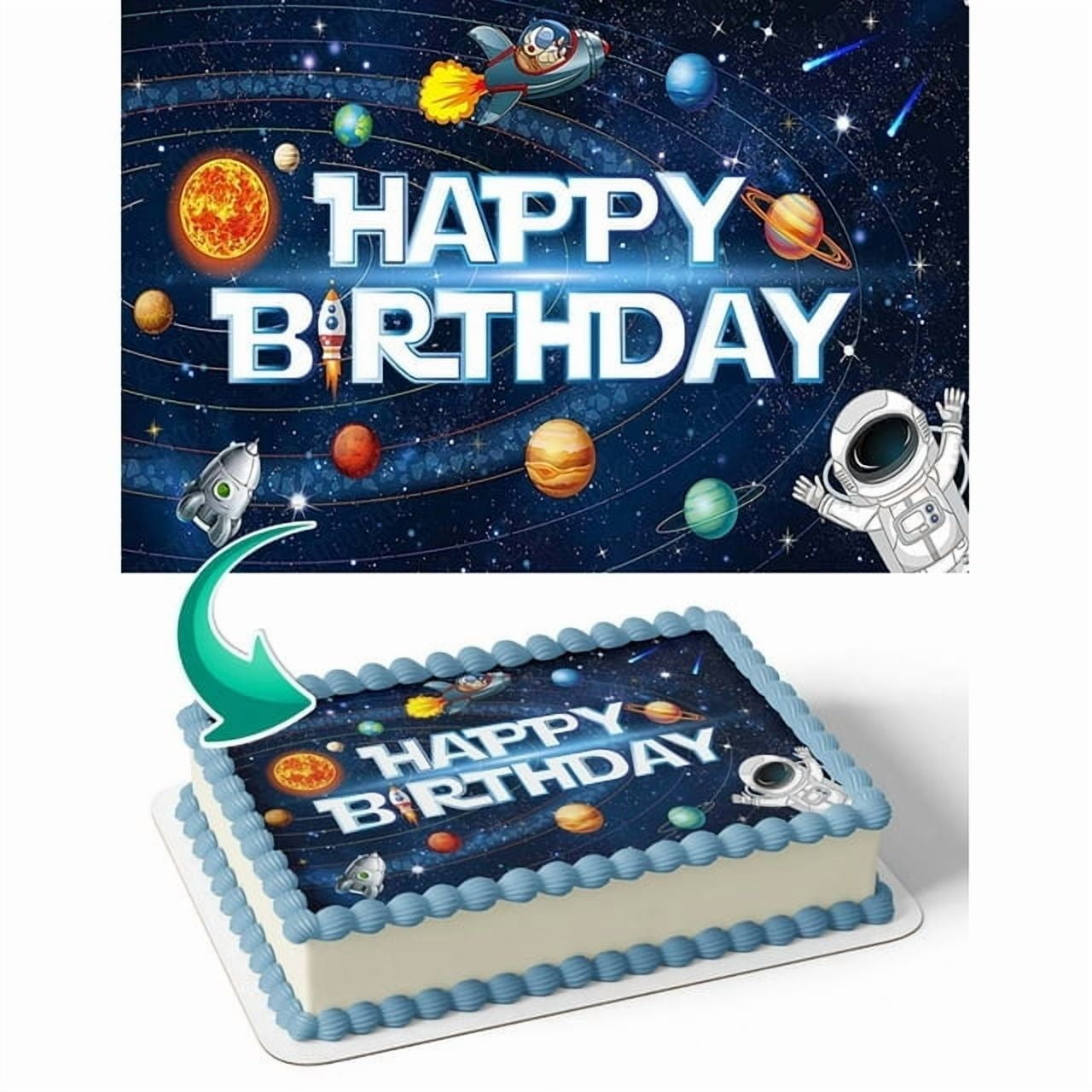 SugarMeLicious Kids Solar System and Astronaut Edible Cake Topper: Personalized 1/4 Sheet Birthday Cake Banner for Space Themed Parties and Outer Space Explorers