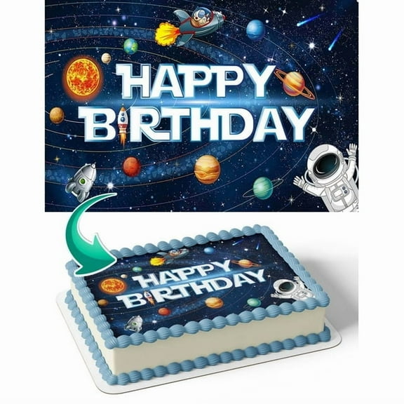 SugarMeLicious Kids Solar System and Astronaut Edible Cake Topper: Personalized 1/4 Sheet Birthday Cake Banner for Space Themed Parties and Outer Space Explorers