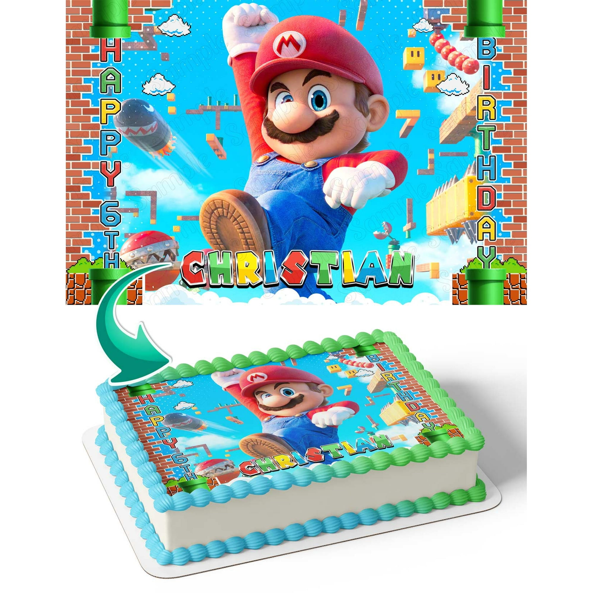 SugarMeLicious The Super Mario Bros. Movie 2023 Mario Edible Cake Image Topper, Personalized 1/4 Sheet Birthday Cake Banner, High-Quality Edible Decoration for Gamers & Mario Fans