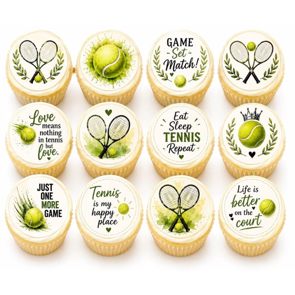 SugarMeLicious Tennis Edible Cupcake Toppers, Tennis Ball And Racket Dessert Decorations, Sports Party Treat Toppers, 12 Pack 2.5 Inch Frosting Circles