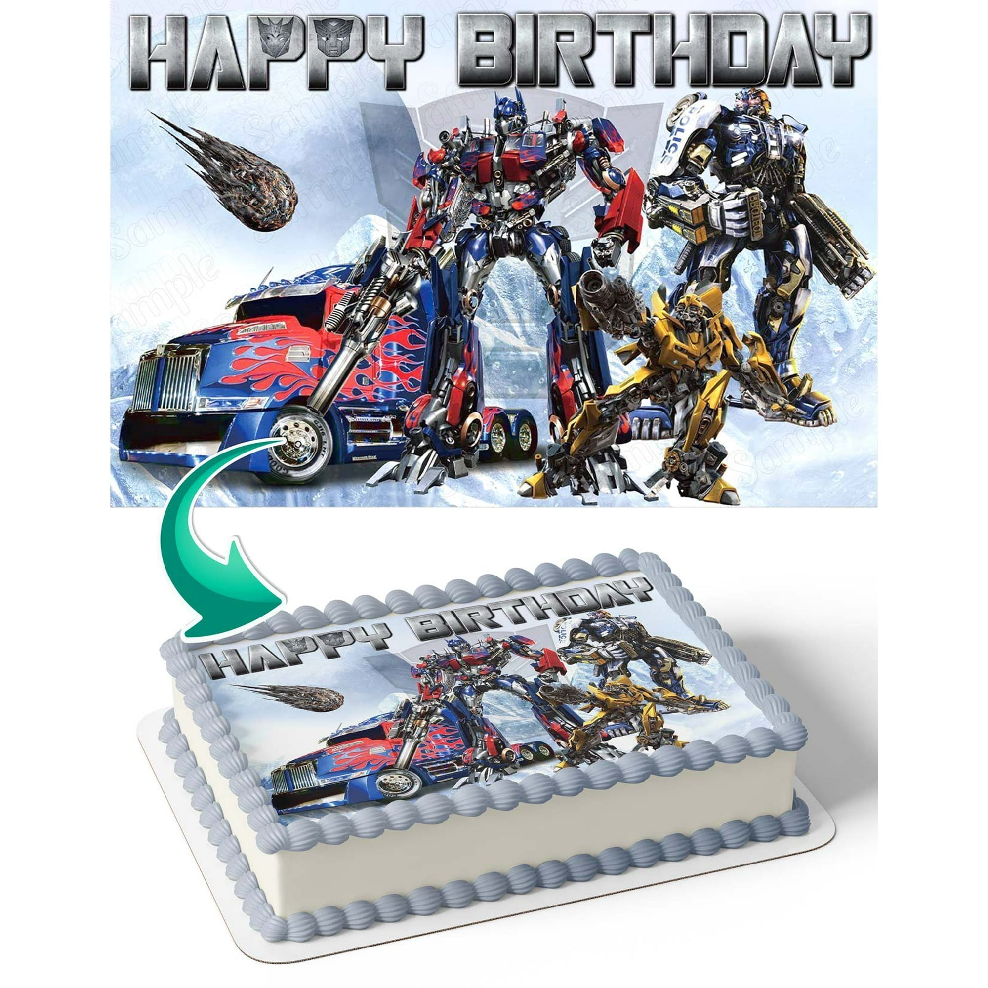 SugarMeLicious Transformers Optimus Prime & Bumblebee Edible Cake Image Topper, Personalized 1/4 Sheet Birthday Cake Banner for Transformers Themed Parties