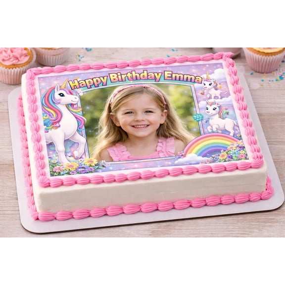 SugarMeLicious Unicorn Birthday Cake Topper, Personalized Unicorn Edible Image Cake Decoration, Custom Photo and Name Fantasy Theme, 1/4 Sheet Frosting Sheet