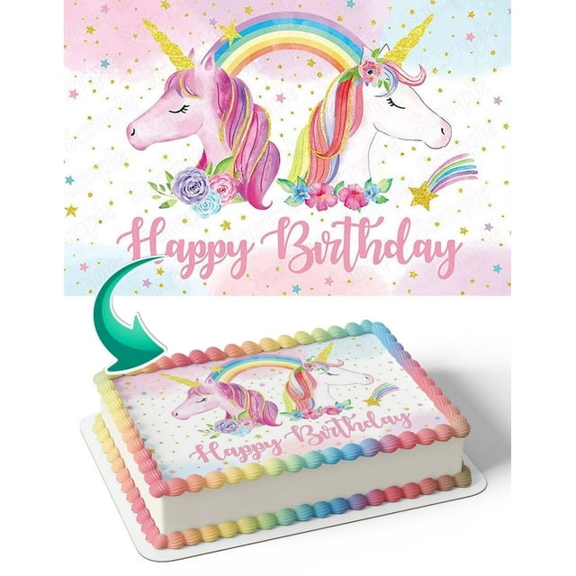 SugarMeLicious Unicorn Horses Edible Cake Topper Personalized 1/4 Sheet Birthday Cake Banner for Magical Unicorn Parties and Fantasy Themed Celebrations