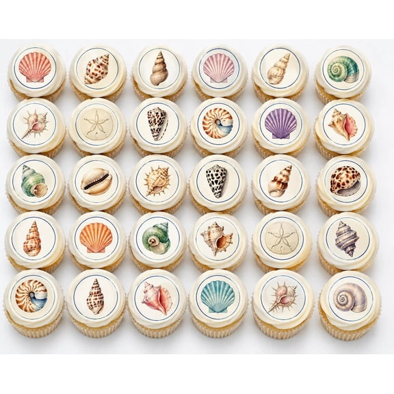 SugarMeLicious Wafer Paper Uncut Seashell Edible Image Cupcake Toppers, 30 Pack 1.5 Inch Circles, Beach Ocean Party Dessert Decorations