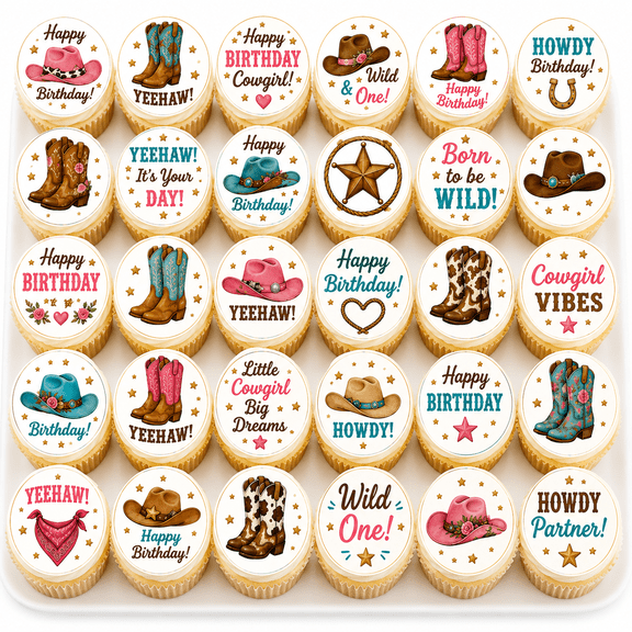 SugarMeLicious Wafer Paper Uncut Western Cowgirl Edible Image Cupcake Toppers, Western Boots Hats And Rodeo Dessert Decorations, 30 Pack 1.5 Inch Circles