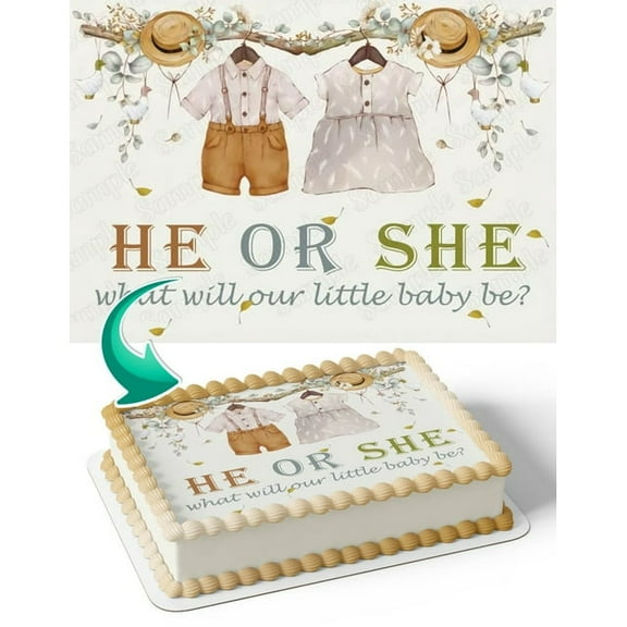 SugarMeLicious He or She What Will Our Little Baby Be Edible Cake Topper Personalized 1/4 Sheet Gender Reveal Banner for Baby Showers and Party Celebrations