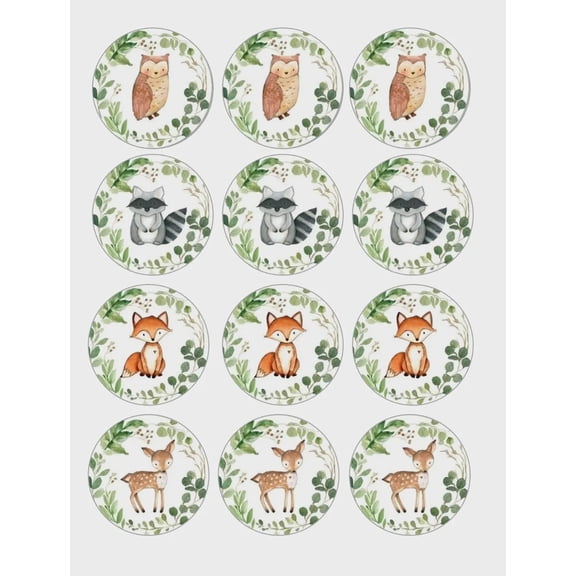 SugarMeLicious Woodland Animal Cupcake Image Toppers, Fox Owl Deer Raccoon Baby Shower Birthday Decorations, Set of 12 Edible 2.5 Inch Cupcake Images for Woodland Theme Parties