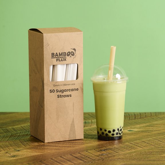 Sugarcane Boba/Smoothie Straws [50 Count], Paper Wrapped, 100% Disposable, biodegradable straws,  9 inch x 047 inch