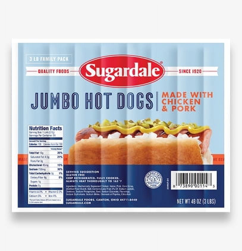 Sugardale Chicken and Pork Jumbo Hot Dogs, 3 lb, 24 Count