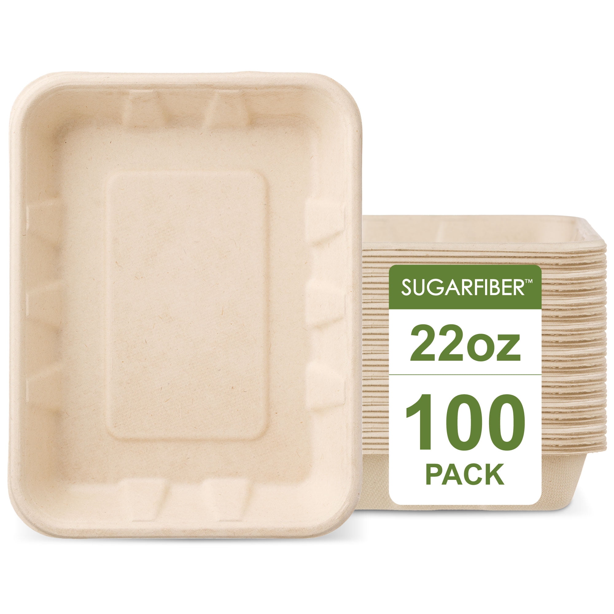 Sugarfiber Disposable 22 oz Compostable Rectangle Food Trays Serving Container 100 Count