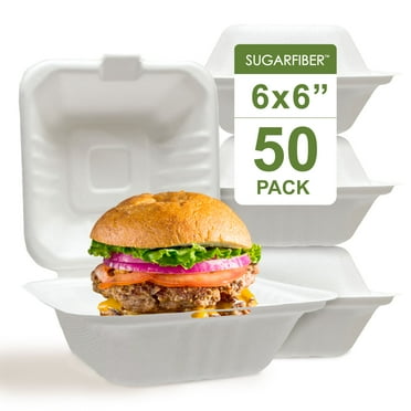 Sugarfiber Disposable 6 x 6" Compostable White Square Hinged Container Single Compartment Clamshell Takeout Box 50 COUNT