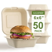 Sugarfiber Disposable 6x6" Compostable Single Compartment Square Hinged Container Clamshell Takeout Box 50 Count