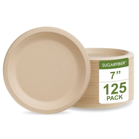 Sugarfiber Disposable 7 inch Compostable Natural Round Paper Plates Sturdy Bagasse 125 Count