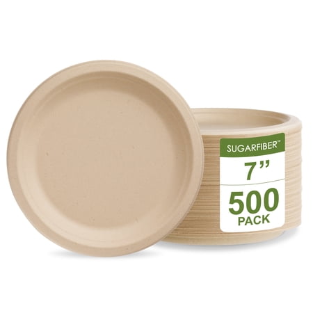 Sugarfiber Disposable 7 inch Compostable Natural Round Small Paper Plates Sturdy Bagasse, 500 Count